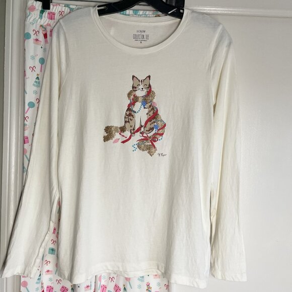 J. Crew Holiday Cat Pajama Lounge Top Size S Cream Long Sleeve PJ Collector Tee - Picture 3 of 8